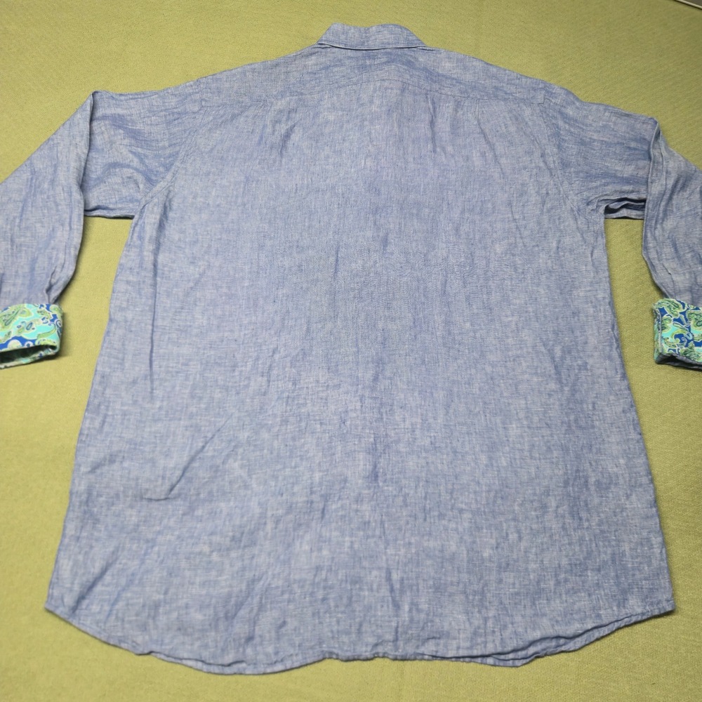 Visconti Uomo Mens Blue Linen Blend Button Down Shirt Paisley Cuff - Picture 12 of 16